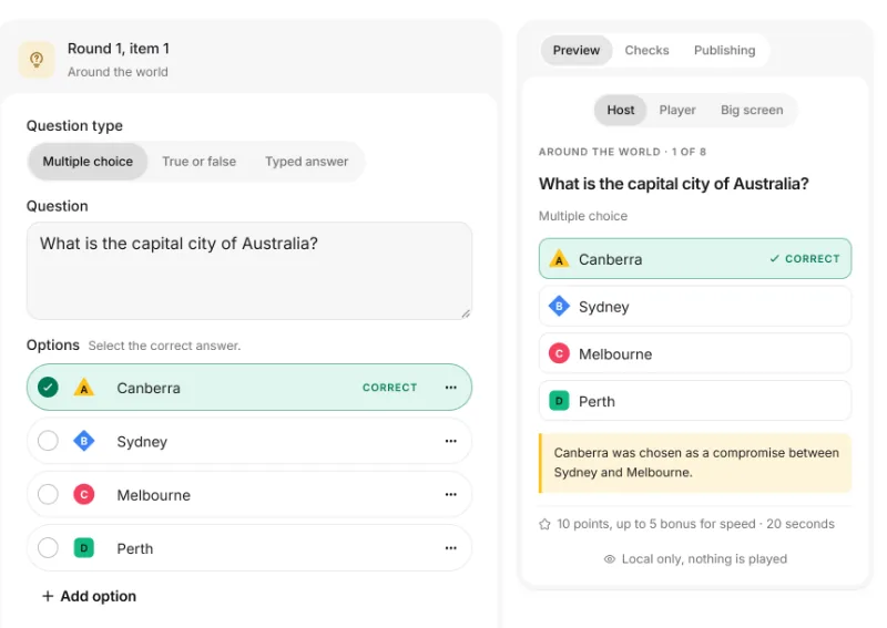 The pack editor with a multiple choice question, its four options and a preview of how players see it