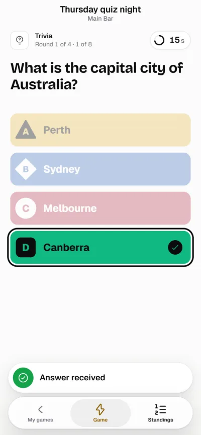 The phone after choosing Canberra, confirming the answer was received