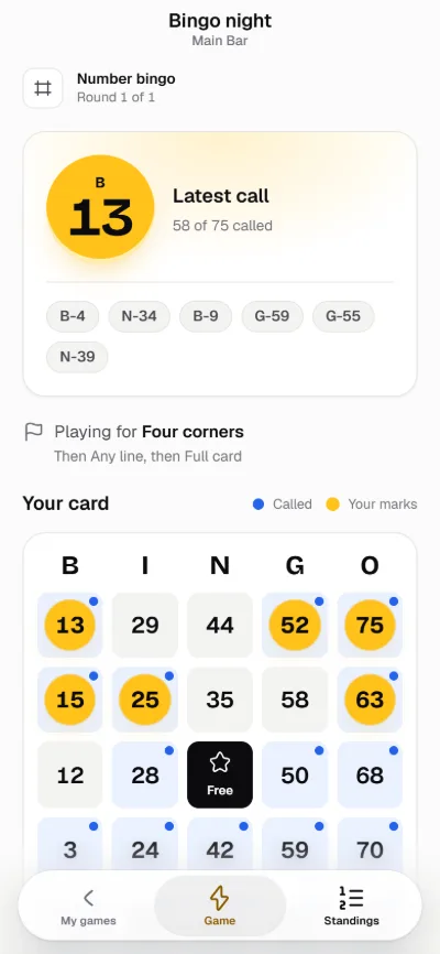A bingo card on a phone, with the latest call and the numbers the player has marked