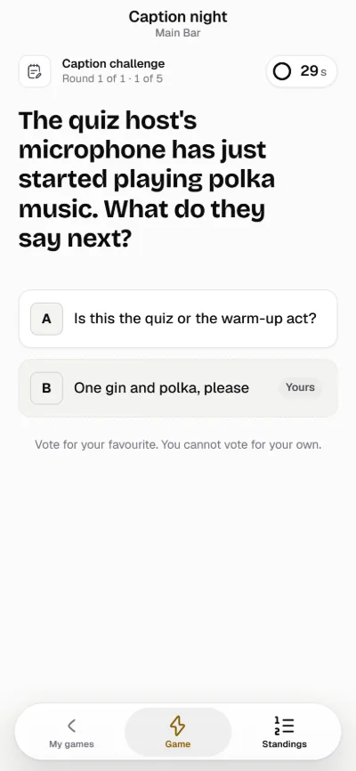 A phone showing the caption ballot, with the player’s own caption marked as theirs