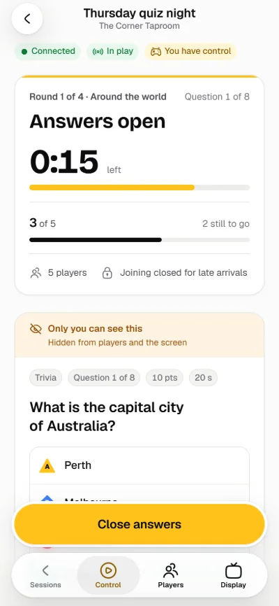 The host controls on a phone, with answers open, three of five players answered and a button to close answers