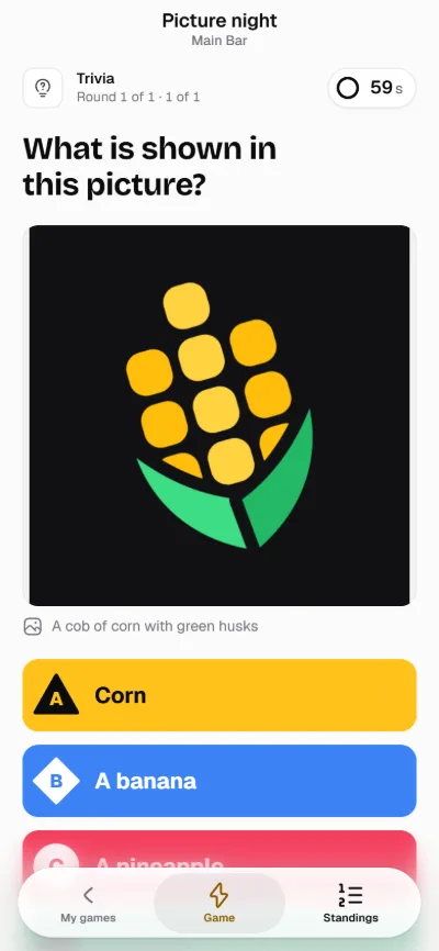 A phone showing a picture question with the answers below it