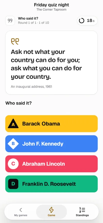 A phone showing a famous quote and four people who might have said it