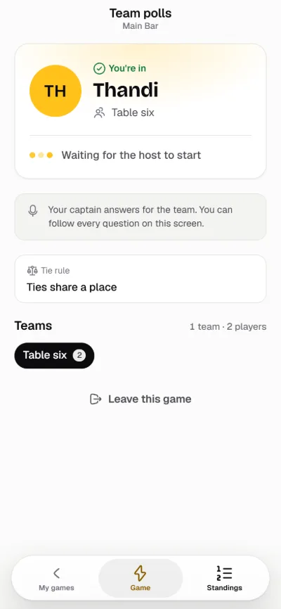 A phone in the lobby of a team game, showing the player’s team and that the captain answers for it