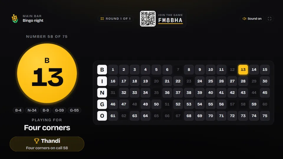 The big screen during number bingo, with the latest call, the board of called numbers and the pattern being played for