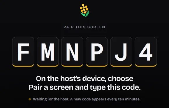 The big screen waiting to be paired, showing a six-character pairing code